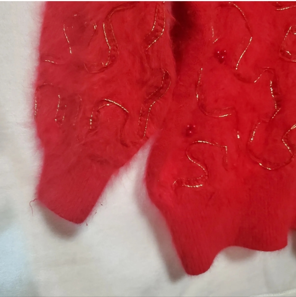 Vintage Gee Gee 80s LG Red Angora Lavish Sweater Pullover Ribbon Beaded W19 - Picture 7 of 15